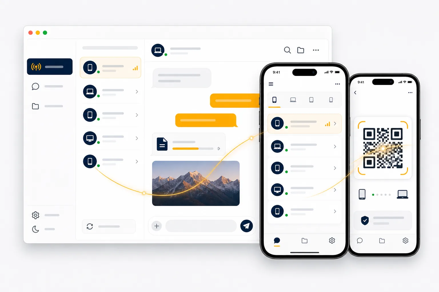 LocalChat desktop and mobile interfaces showing nearby devices, chat messages, and file transfer progress