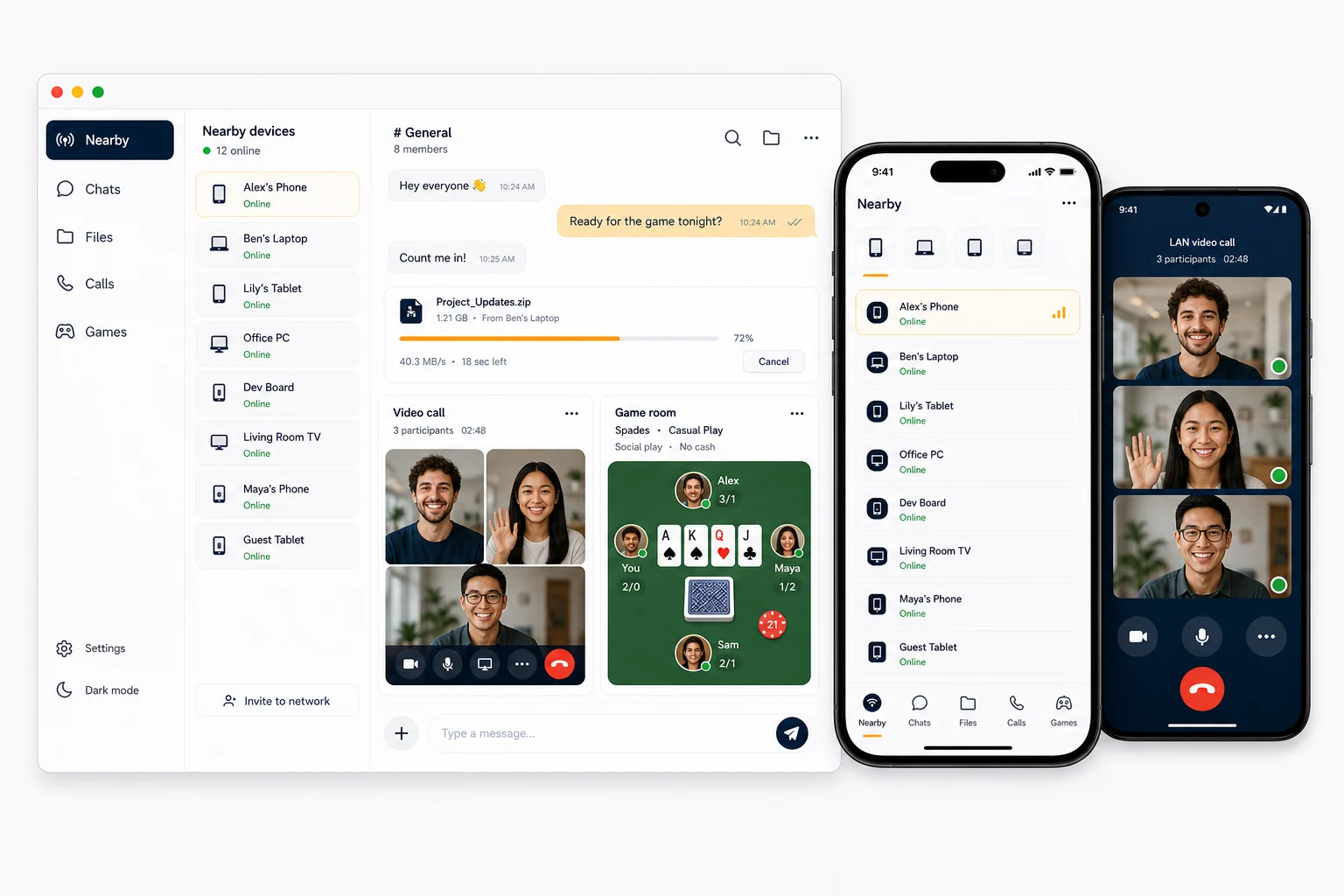 LocalChat desktop and mobile interfaces showing nearby chat, file transfer, LAN calls, and social games